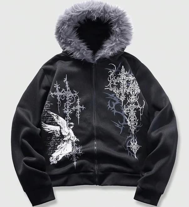 Romwe Men's Gothic Angel Print Oversized Zip-Up Hoodie