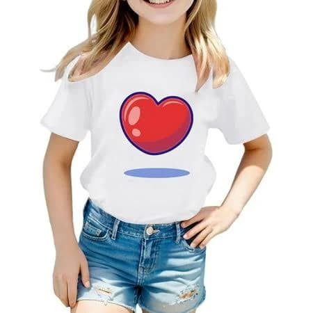 Girls Heart Print Short Sleeve Crew Neck T-Shirt