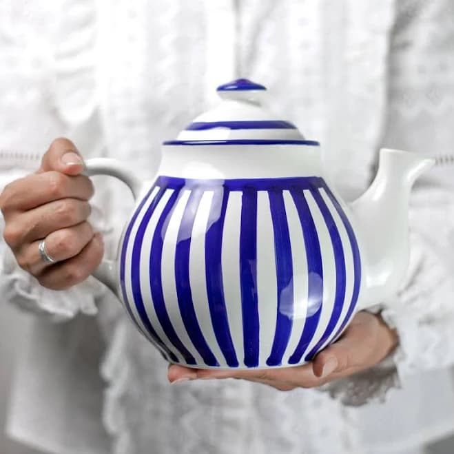 Handmade Ceramic Teapot, Large Navy Blue Striped Stoneware, 60oz