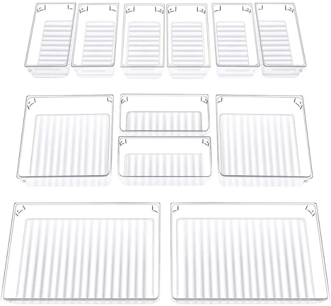InnoGear Set of 12 Desk Drawer Organiser Trays with 3-Size Clear Plastic Storage Boxes Divider Make-up Organiser for Kitchen Bedroom Office