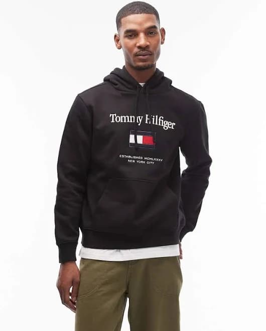 Tommy Hilfiger embroidered flag large centre logo hoodie in black