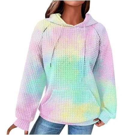FchengtaiS Womens Tie Dye Oversized Hoodies Casual Loose Waffle Knit Sweatshirt Tops Lightweight Trendy Long Sleeve Pullover Shirt with Pocket