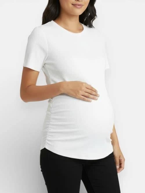Motherhood Maternity Women's Crew Neck Side-Ruched Maternity Short Sleeve Top