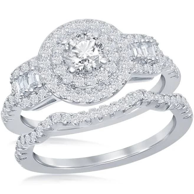 Sterling Silver Double Halo Baguette CZ Engagement Ring Set