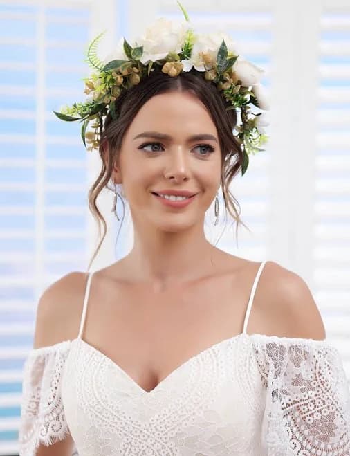 Artificial Ivory Bridal Garland Headbands with Champagne Ribbon