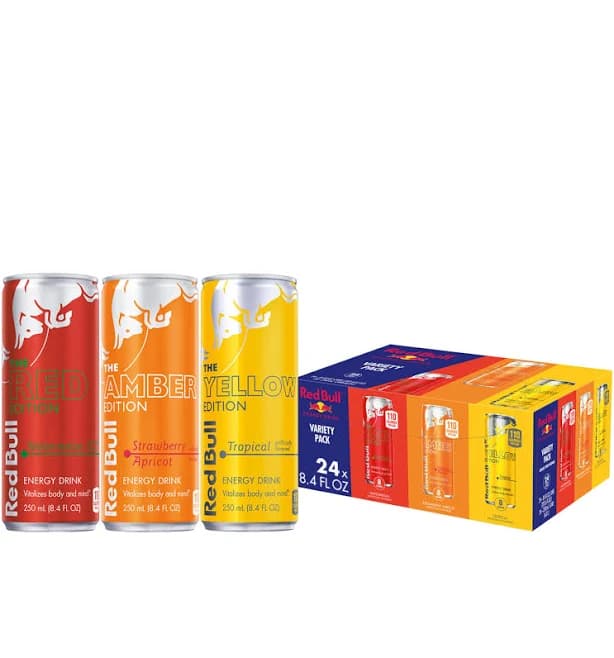 Red Bull Energy Drink Variety Pack, Red, Yellow & Amber, with 80mg Caffeine plus Taurine & B Vitamins, 8.4 Fl Oz, Pack of 24 Cans