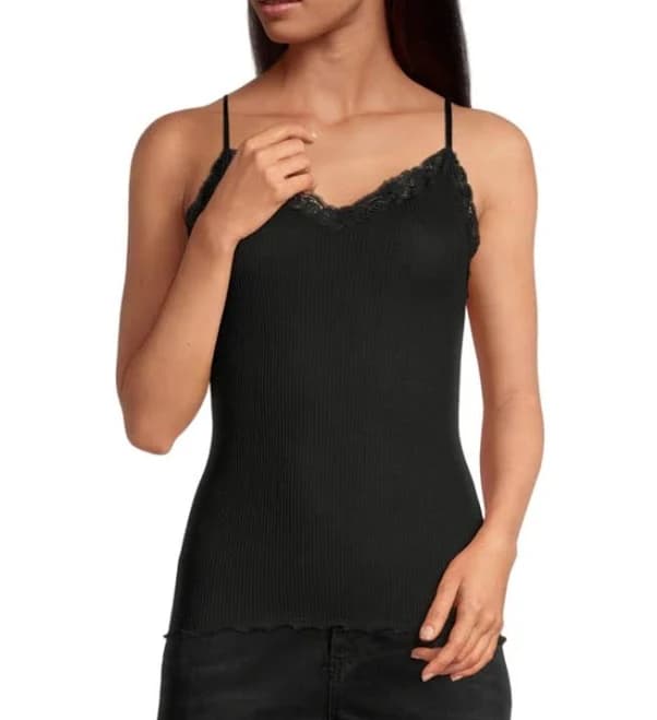 Oscalito Women's Ribbed Wool & Silk V-Neck Camisole with Lace Trim