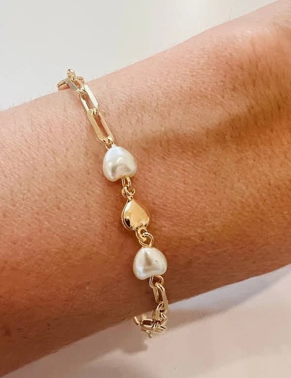 Gold Filled Heart & Pearl Paperclip Bracelet