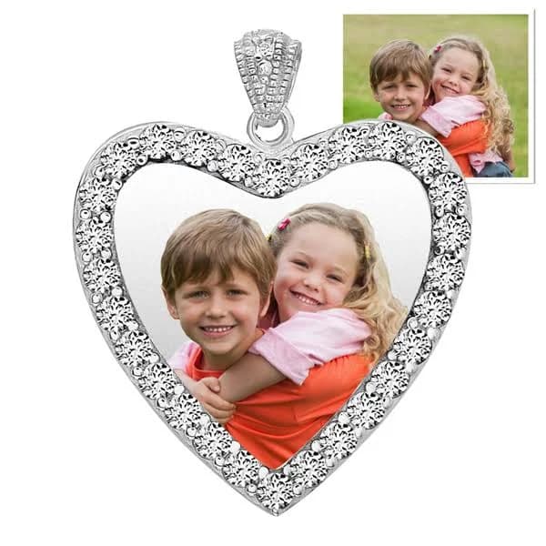 Sterling Silver CZ Heart Photo Pendant Necklace