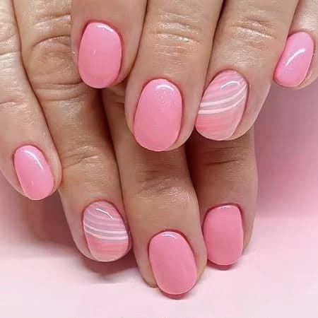 Short glossy daily press-on nails, 2026 spring and summer pink & white striped nail art, 24-piece false nails, With tools