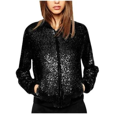 Herrnalise Women's Sequin Long Sleeve Front Zip Bomber Jacket with Ribbed Cuffs Black,L, Size: Large