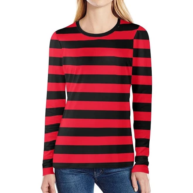 Red and Black Striped Women Long Sleeve Tshirt Horizontal Stripes Ladies Female Designer Adult Fashion Fitted Crewneck Tee Shirt Top