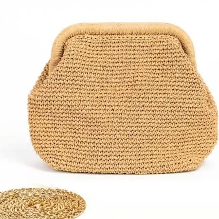 Raffia Straw Dumpling Purse with Gold Chain