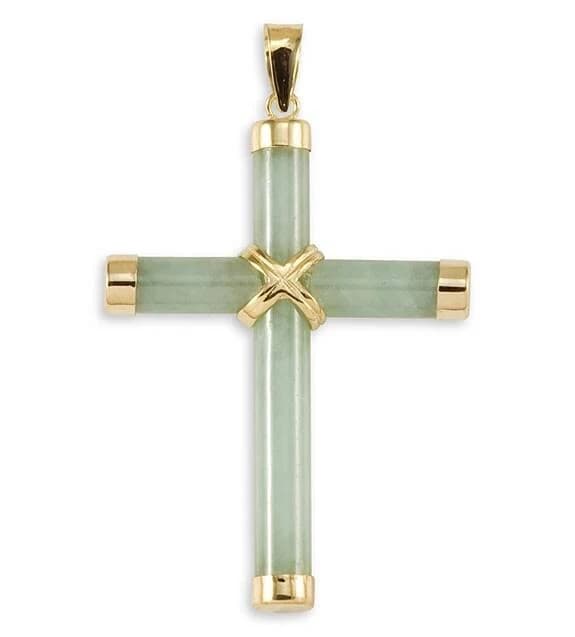 14K Yellow Gold Green Jade Tube Cross Pendant Necklace