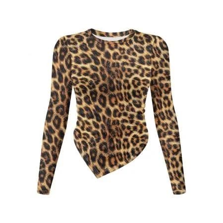 Women's Asymmetrical Ruched Elastic Leopard Print Long Sleeve Shirt