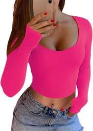 GEMBERA Women's Long Sleeve Scoop Neck Fitted Basic Crop Tee Top, Orange, L: Buy Online at Best Price in UAE - Amazon.ae
