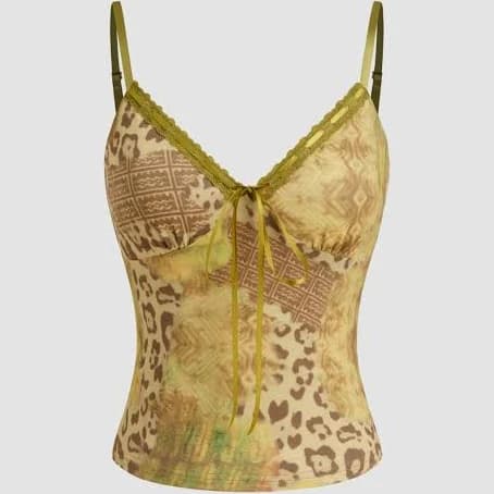 CIDER Women's Leopard Lace Trim Crop Cami Top V-Neck Knit
