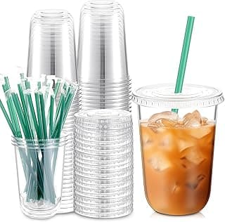 Baderke 25 Set Plastic Cups with Lids and Straws, Disposable Plastic Iced Coffee Cup for Cold Beverage Juice Smoothie Crystal for Coffee Shops Party Catering(Clear,16 oz)