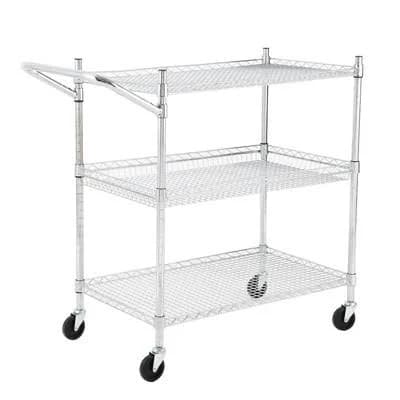 3 Tier Metal Utility Cart On Wheels Chrome Steel Wire Storage Trolley Handle Heavy Duty Kitchen Serving