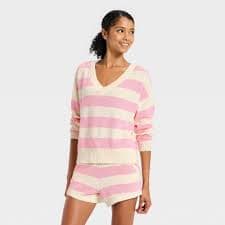 Women's Striped V-Neck Sweater Top - JoyLab™ Light Pink/Cream Stripe S : Target