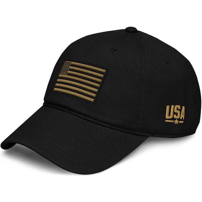 Black Tactical Usa Flag Embroidered Baseball Cap | Old Gold Patch Dad