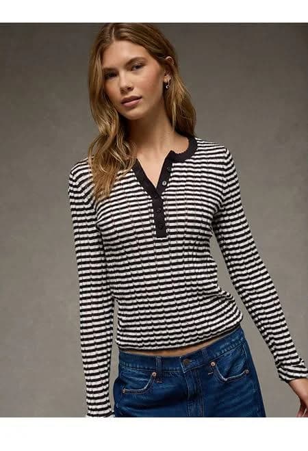 AE Women's Pointelle Henley Sweater Top