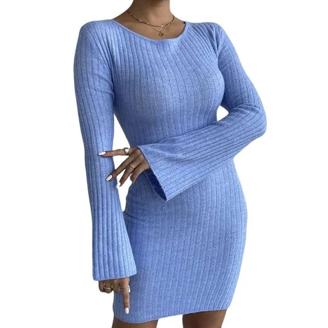 Women's Round Neck Long Sleeve Ribbed Knit Bodycon Mini Dress