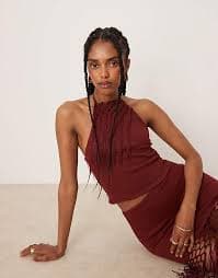 ASOS DESIGN fringed halter neck top in rust - part of a set | ASOS
