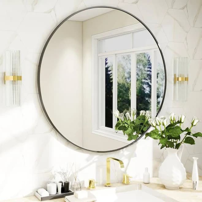 BEAUTYPEAK 20 Inch Round Mirror Black Metal Frame Circle Mirror