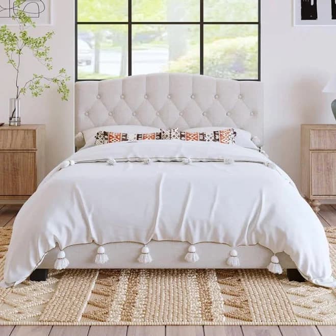 Beige Wood Frame Size Linen Upholstered Platform Bed with Saddle Curved Diamond-Tufted Headboard