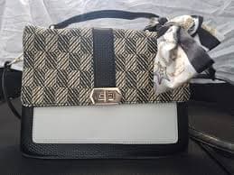 Geometric Pattern Shoulder Bag Scarf Accent Black White Silver Hardware | eBay