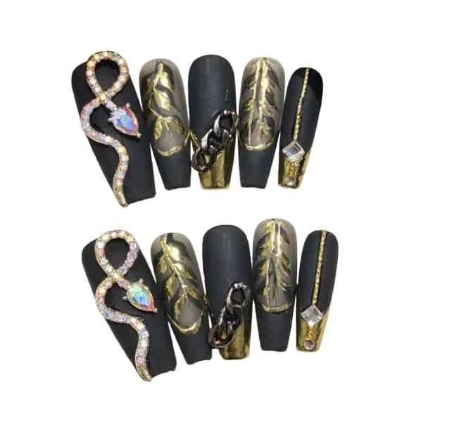 French Tip Press on Nails Long Coffin Black Fake Nail with Glitter Gold Snake Rhinestone Design on Nail for Women Acrylic False Nails Stick on Nails Manicure Press on Nail for Wedding