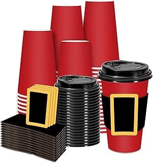 50 Sets Christmas Coffee Cups with Lids and Sleeves 16oz Paper Cups DIY Santa Belt Red Disposable To Go Coffee Cup for Xmas Winter Holiday Party