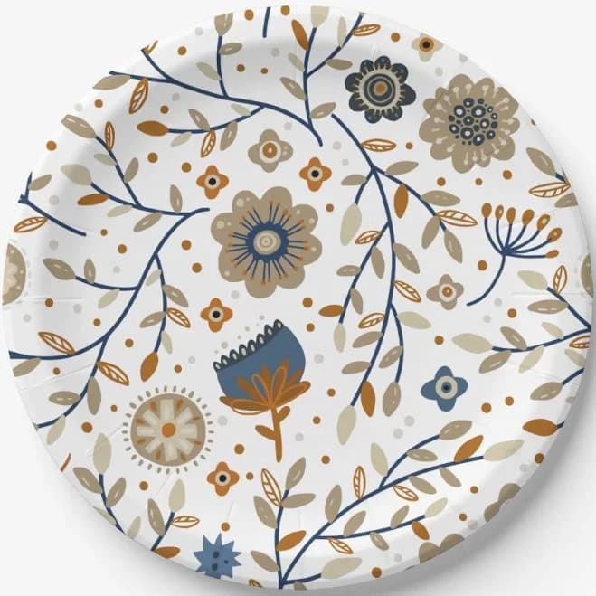 Floral pattern with blue and orange flowers paper plates