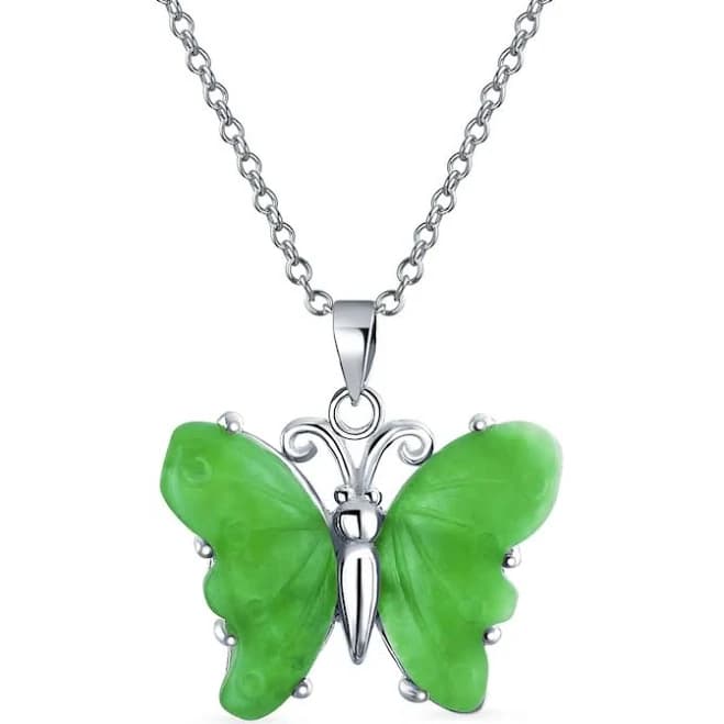 Zales Sterling Silver Carved Jade Garden Butterfly Drop Pendant