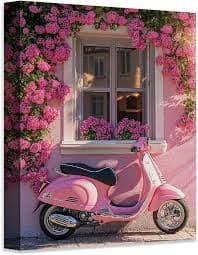 Amazon.com: Pink Vespa: A Romantic Window Photo Featuring a Pink Scooter with Flowers 18x24 Stretched Canvas Poster-Vintage Floral Wall Art for Cozy Living Room, Dorm, & European Street Scene Decor for Vespa
