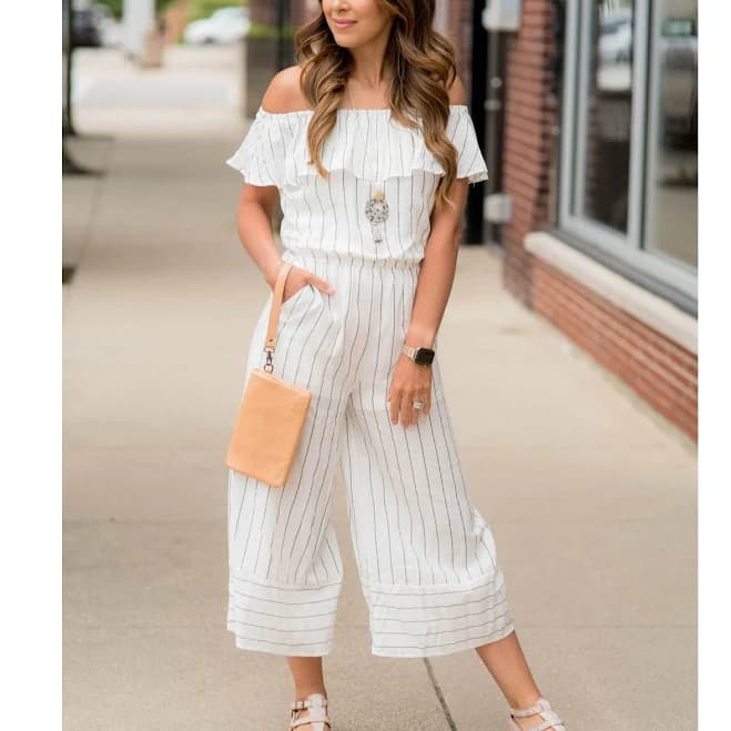 Off Shoulder Vertical Striped Jumpsuit