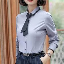 Women Formal Elegant Patchwork Tie Long Sleeve Slim Blouse Office Ladies Work Wear Tops Shirt Gray with black tie M at Amazon Women's Clothing store