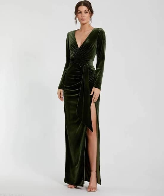 Ieena for Mac Duggal Long Sleeve Ruched Velvet Column Evening
