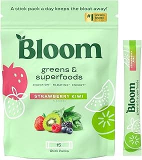 Greens and Superfoods Powder Packets for Digestive Health, Greens Powder, Digestive Enzymes, Probiotics, Spirulina, Chlorella for Bloating & Gut Support, 15 Stick, Strawberry Kiwi