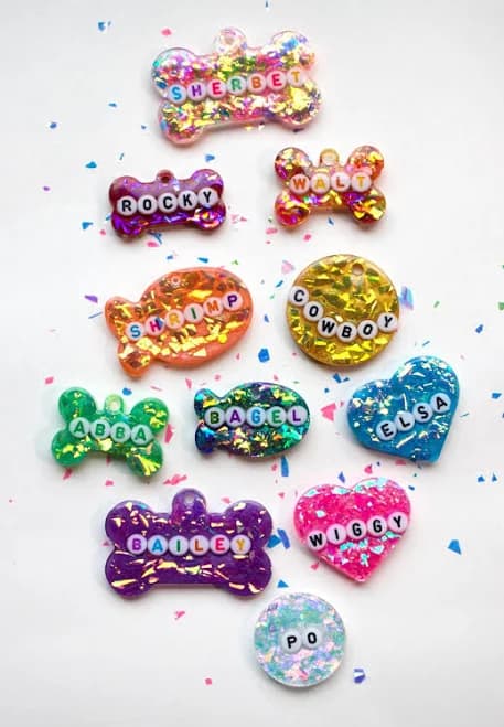 Custom Resin Pet Tags With Holographic Rainbow Flakes