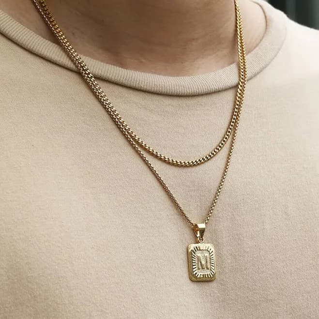 Mens Gold Plated Stainless Steel Cuban Chain Initial Letter Pendant