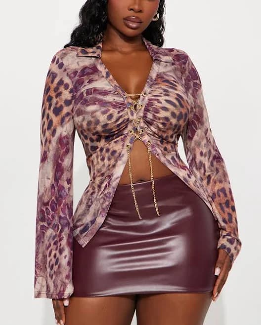 Fashion Nova Chain Strap Animal Long Sleeve Mesh Blouse