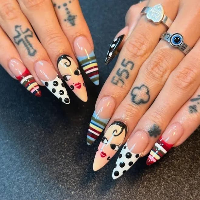 Pop Art Portrait Press on Nails | Handpainted Emo Gothic False Nails | Striped and Polka Dot Custom Nails | Reusable Stiletto Glue on Nails