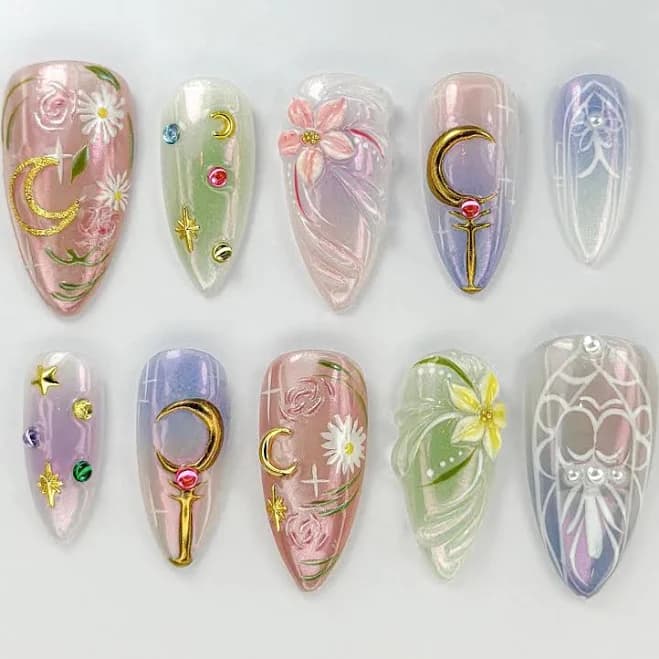 Celestial Pastel Floral Charm Press On Nails