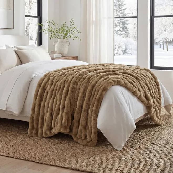 Reversible Faux Rabbit Fur & Faux Mink Throw Blanket – Ultra Soft, Dual-Sided Cozy Blanket - Ruched Cream Taupe, Throw 50" x 60" Décor Elements Color:
