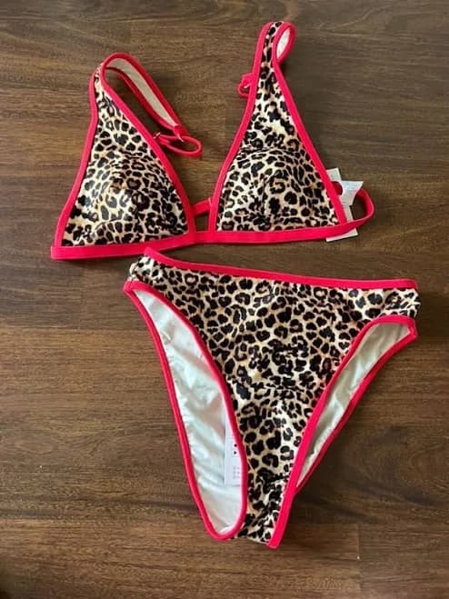 Cupshe Bikini Set Small Leopard Print Red Trim Triangle Top & Bottom
