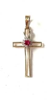 Vtg Yellow Gold Heart Shape Ruby & Diamond Accent Cross Pendant Signed 10K Cr