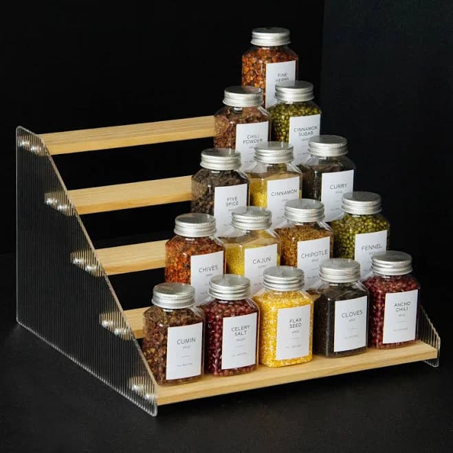 nianfeng Tiered Spice Rack, 5-Tier Spice Pantry Kitchen Cabinet Organizer, 12-Inch, Natural Wood Acrylic Stair Riser Stand, Countertop Seasoning