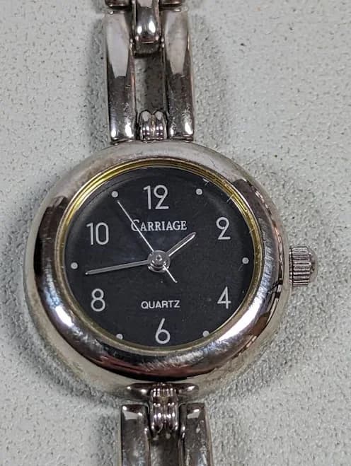 Carriage Black Dial Round Silver Tone Case Link Bracelet Band Watch